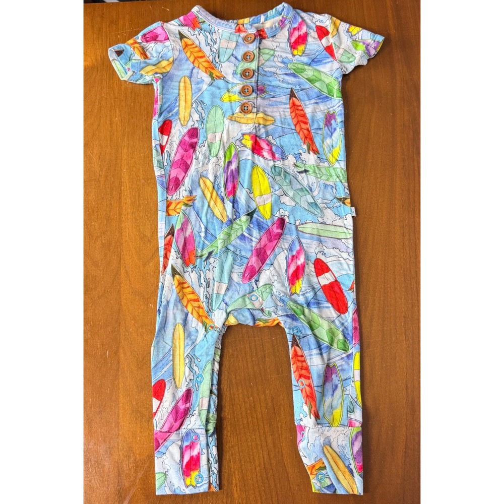 Posh Peanut Romper Unisex 12-18 Mo Blue Surfboards Bamboo Henley Short Sleeve